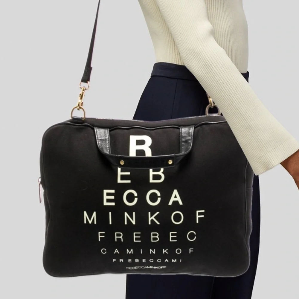 Rebecca Minkoff Eye Sight Chart Padded Black Canvas Messenger Laptop Shoulder Ba
